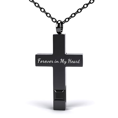 Cross Urn Necklace for Ashes Birthstone Cremation Jewelry Keepsake Pendant for Women Men with Funnel Filler Kit Memorial Gifts for Human Pet Forever in my heart - color: Black black