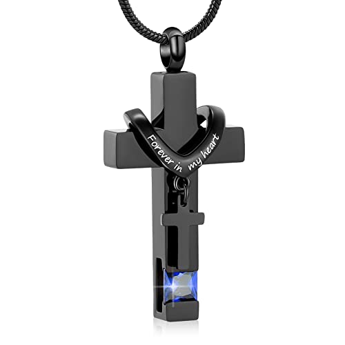 Forever in My Heart Birthstone Personalized Double Cross Urn Pendant Cremation Jewelry for Ashes Cross Ashes Keepsake - color: Dark Blue