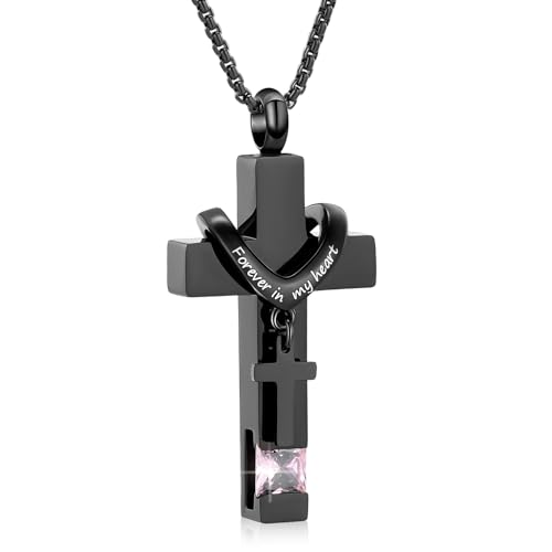 Oinsi Black Cross Urn Necklace For Ashes Of Loved Ones With Birthstone Always In My Heart Cremation Jewelry Keepsake Pendant Women Men - color: Pink Stone