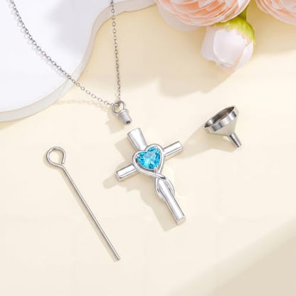 YYB Urn Necklace for Ashes Women Heart Birthstone Cross Cremation Jewelry | Memorial Keepsake Funeral Jewelry for Loved Ones (with Funnel Filler) - color: 12-Dec-Topaz
