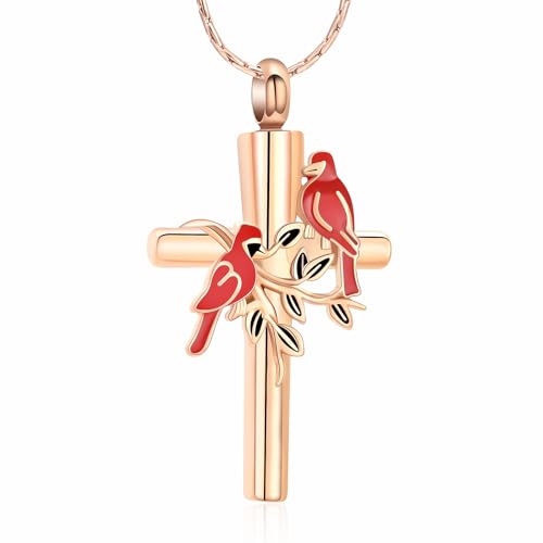 constantlife Cardinal Urn Necklace for Ashes Stainless Steel Red Blue Bird Pendant Cremation Keepsake Human Pet Memorial Jewelry for Women Men - color: Rose gold