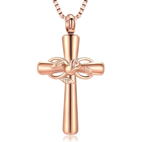 XSMZB Rose Flower Cross Cremation Jewelry for Ashes Human Pet Funeral Urn Pendant Cross Keepsake Ashes Necklace Memorial Gift - color: Rose Gold