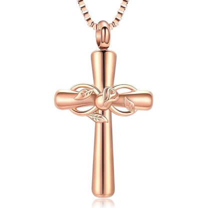 XSMZB Rose Flower Cross Cremation Jewelry for Ashes Human Pet Funeral Urn Pendant Cross Keepsake Ashes Necklace Memorial Gift - color: Rose Gold