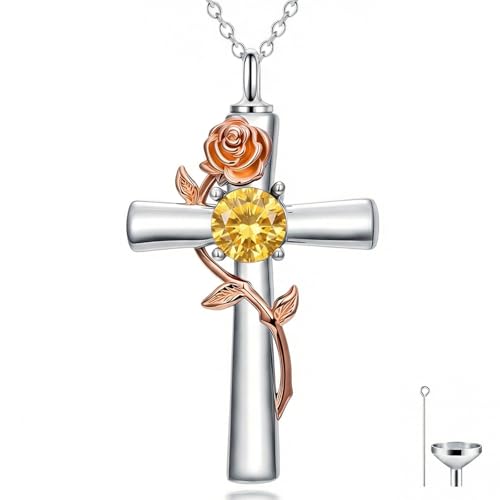 YYB Rose Flower Urn Necklaces Cross Birthstone Cremation Jewelry for Ashes Memorial Keepsake Funeral Pendant for Women - color: 11-Nov-Citrine