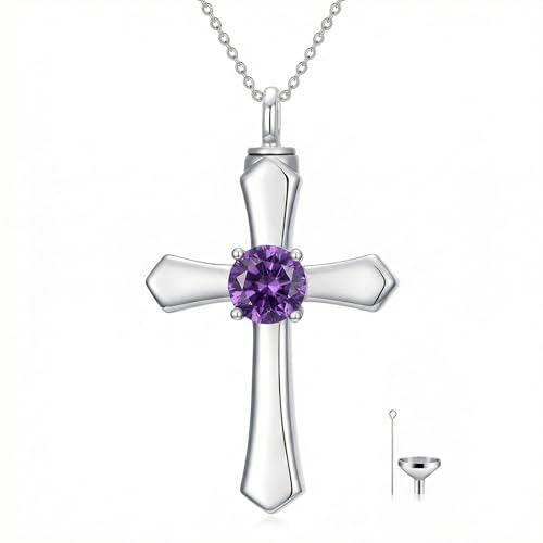 YYB Urn Necklace for Ashes Women Heart Birthstone Cross Cremation Jewelry | Memorial Keepsake Funeral Jewelry for Loved Ones (with Funnel Filler) - color: 02--Amethyst February