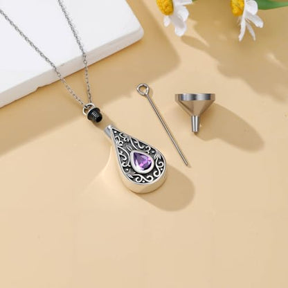 Teardrop Urn Necklace for Ashes Filigree Birthstone Keepsake Pendant Cremation Jewelry for Ashes Memorial Jewelry Gifts for Loss of a Loved One for Women - style: Feb-Amethyst