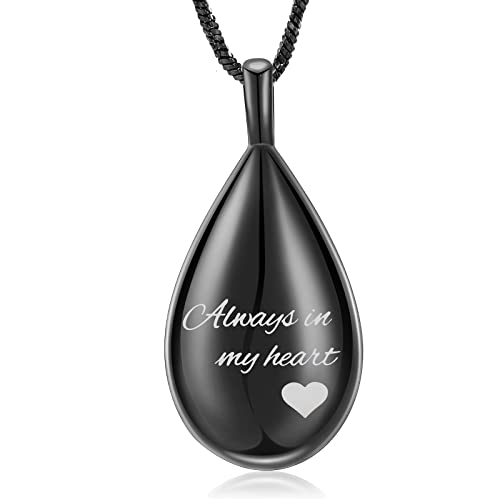 Yinplsmemory Carved Teardrop Keepsake Ashes Necklace Urn Pendant Cremation Memorial Jewelry-Always in my heart - color: Black