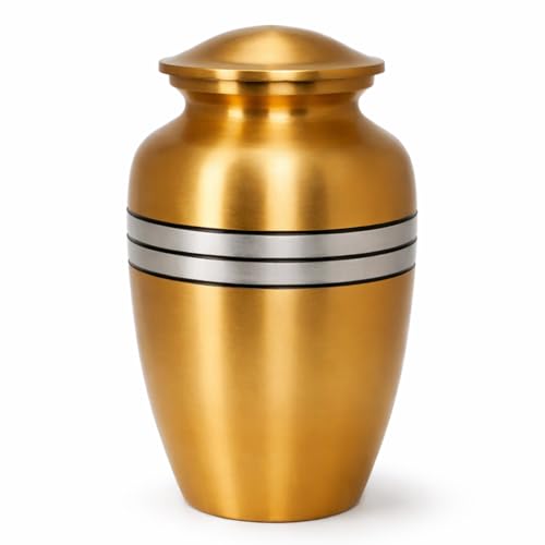 Cremation Urn for Human Ashes Adult Male & Female, 200+ Cubic Inches, Metal Funeral Urn with Secure Threaded Screw Lid, Decorative Memorial Burial Urn for Ashes, Gold Grey Black, 10 x 7 Inch - color: Gold Grey Black, size: Avlon 10x7