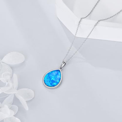 CRMAD Larimar/Opal/Lapis Lazuli/Tourmaline/Malachite/Labradorite/Turquoise/Onyx/Rose Quartz/Amber/Peridot Necklace for Women 925 Sterling Silver Teardrop Pendant Jewelry Gifts - color: blue opal