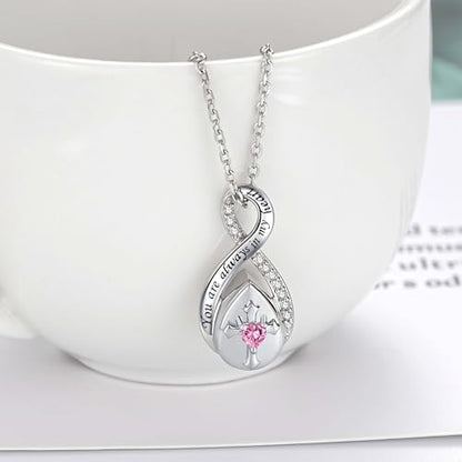 ZOEXUE Infinity Cross Cremation Jewelry - S925 Sterling Silver Cross Urn Necklace for Women - Birthstone Cross with Heart CZ Ashes Keepsake Pendant Memorial Urn Jewelry Gift for A Loss Loved Ones - color: pink