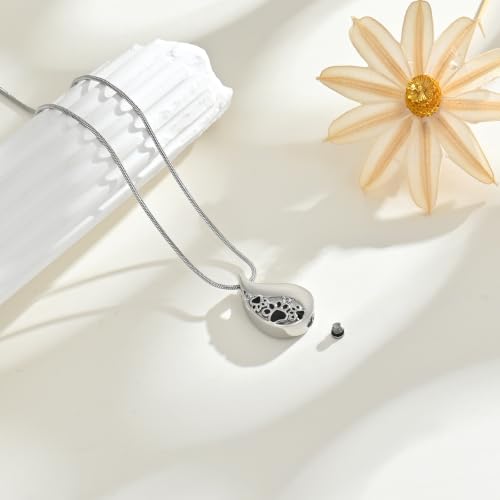 zeqingjw ﻿Pet Paw Print Teardrop Cremation Jewelry Stainless Steel Urn Necklace for Ashes for Dog/Cat Ashes Keepsake Gift for Pet Lovers - color: Silver