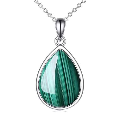 CRMAD Larimar/Opal/Lapis Lazuli/Tourmaline/Malachite/Labradorite/Turquoise/Onyx/Rose Quartz/Amber/Peridot Necklace for Women 925 Sterling Silver Teardrop Pendant Jewelry Gifts - color: malachite