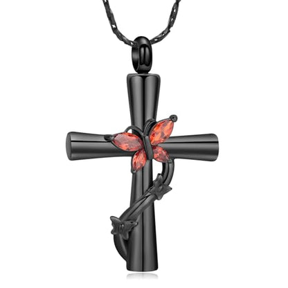 Butterfly Cross Urn Necklace for Ashes Birthstone Cremation Jewelry for Men Women Ashes Pendant Keepsake Memorial Ash Jewelry - color: Black-Red