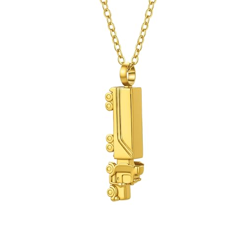 18 Wheeler Semi Truck Urn Necklace for Ashes Stainless Steel Cremation Memorial Pendant Trucker Keepsake Gift for Men Women - color: Gold