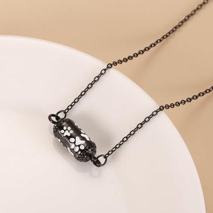 Pet Cremation Jewelry Stainless Steel Paw Print Tube Urn Necklace For Cat Dog Ashes Necklace For Women Keepsake With Filling Kits - color: Black Necklace