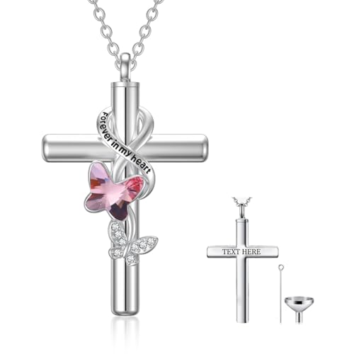 Cross Urn Necklace for Ashes 925 Sterling Silver Cremation Jewelry with Funnel Filler Kit Ashes Necklace for Human Women Girl Pets - color: A_Pink Butterfly Urn Necklace, style: Personalized