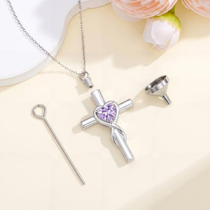 YYB Urn Necklace for Ashes Women Heart Birthstone Cross Cremation Jewelry | Memorial Keepsake Funeral Jewelry for Loved Ones (with Funnel Filler) - color: 06-Jun-Alexandrite