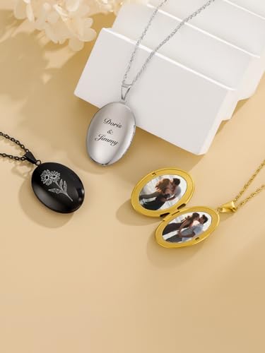 Custom Photo Locket Necklace Women Personalized Text Birth Flower Necklace that Hold Picture Stainless Steel Memorial Jewelry for Mothers Day Christmas - color: Black