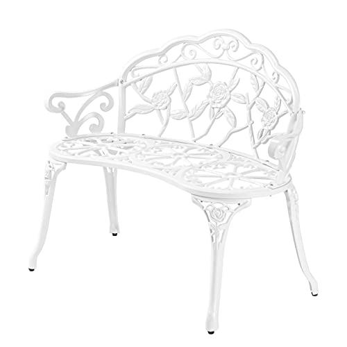 VINGLI 38.5" Patio Park Garden Outdoor Metal Rose Bench, 2-Person Cast Iron Cast Aluminium Frame Antique Finish Chair,Accented Lawn Front Porch Path Yard Decor Deck Furniture (White, Rose) - color: White