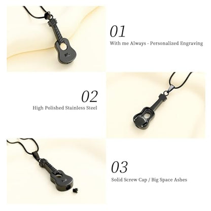 Oinsi Guitar Urn Necklace for Ashes Cremation Pendants Jewelry Ashes Holder Memorial Urn Necklace Cremation Jewelry for Human with Filling Kits - color: Black