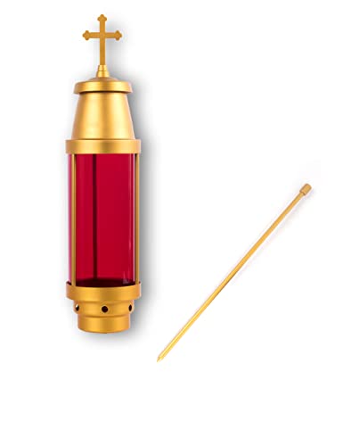 Cemetery Candle Holder, Greek Orthodox Cross Grave Lantern, Red | Anodized aluminum frame, weatherproof red globe, eternal vigil light, memorial & bereavement gift