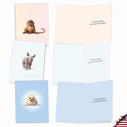 The Best Card Company 20 Assorted Baby Notecards Box Set 4 x 5.12 Inch with Envelopes (10 Designs, 2 Each) Zoo little ones AM6726BBG-B2x10 - style: Zoo Babies Baby