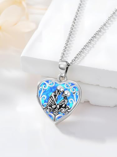 Personalized Heart Locket Necklace That Holds Pictures 925 Sterling Silver Custom Photo Lockets Necklaces Jewelry Gifts for Family Women Lover - color: Skull-Blue opal, style: Locket Only