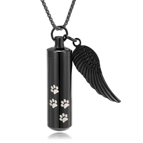 Cylinder Cremation Jewelry Urn Necklace Pet Ashes Pet Paw Memorial Ashes Necklace with Angel Wing for Dog/Cat Keepsake Jewelry for Men Women - color: Black（Medium）