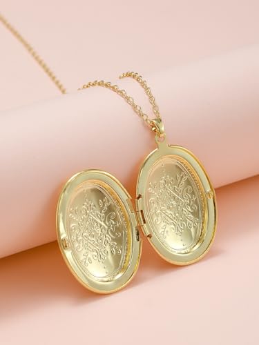 Vintage Engraved Flower Empaistic Photo Locket Pendant Necklaces Dainty Gold Silver Oval Round Heart Locket Hold Photo Picture Clavicle Chain Necklace for Women Men Souvenir Memorial Jewelry - style: Gold B