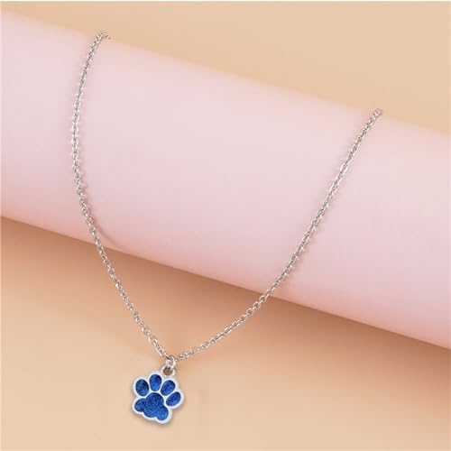 Dreuyet Paw Necklace and Earrings Set for Women Glitter Cute Dog Cat Pet Paw Print Pendant Necklace Earrings Lovely Animal Charm Jewelry Set Gifts - color: Silver Blue