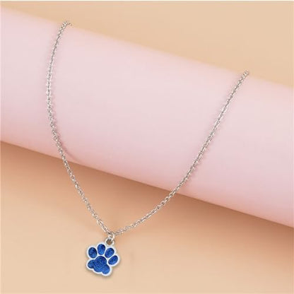 Dreuyet Paw Necklace and Earrings Set for Women Glitter Cute Dog Cat Pet Paw Print Pendant Necklace Earrings Lovely Animal Charm Jewelry Set Gifts - color: Silver Blue