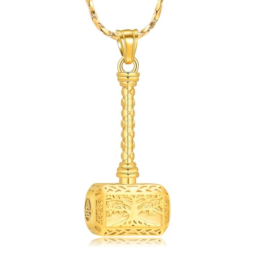 Imrsanl Viking Thor's Hammer Urn Necklace for Ashes Tree of Life Cremation Jewelry Ashes Holder Keepsake Human Memorial Pendant for Women Men - color: Gold