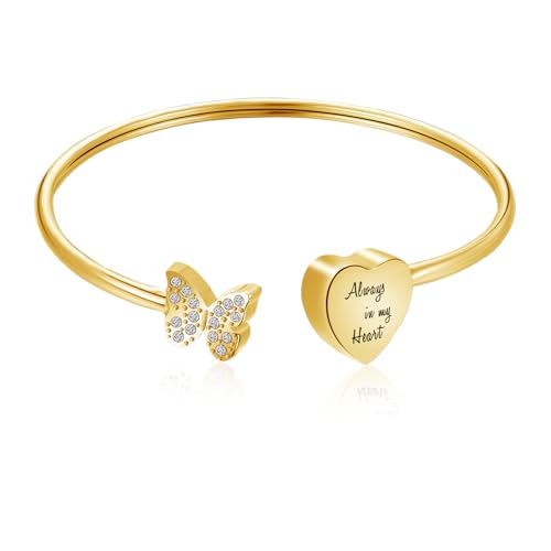 XIUDA Urn Bracelet for Human Ashes Butterfly Heart Ash Bracelet for Women Stainless Steel Openable Cuff Bangle Cremation Bracelet - Always in My Heart - color: Gold