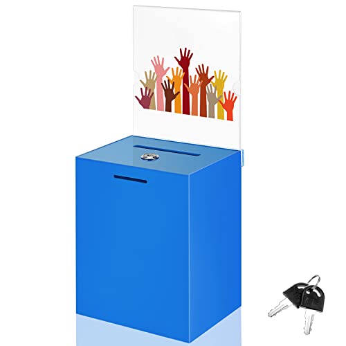 Acrylic Suggestion Box 8.2 x 6.7 x 5 Inch Large Donation Box Safe Ballot with Lock and Sign Holder for Voting Charity Business Cards Collection Display Ticket Comment(Blue) - color: Blue, size: 8.2 x 6.7 x 5 Inch