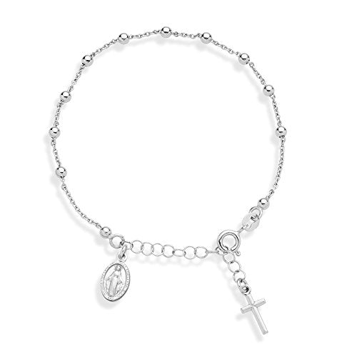 Miabella Italian 925 Sterling Silver Rosary Bead Chain Bracelet for Women | Adjustable Length, Cross Charm, Link Chain, Fine Jewelry, Made in Italy - style: Length 7 to 8 Inch