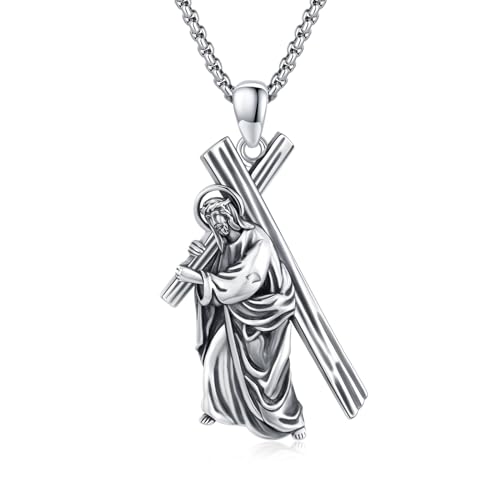 Crucifix Necklace for Men 925 Sterling Silver Jesus Cross Necklace Crucifix Cross Pendant Protection Jewelry for Men Women - style: A01-Carrying Cross-Silver