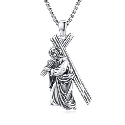 Crucifix Necklace for Men 925 Sterling Silver Jesus Cross Necklace Crucifix Cross Pendant Protection Jewelry for Men Women - style: A01-Carrying Cross-Silver