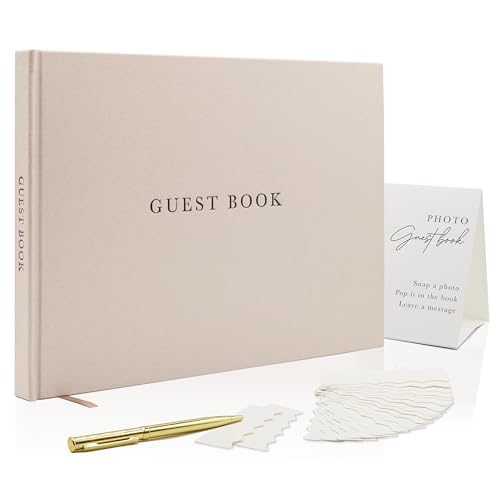 Real Linen Guest Book Set - 11.5 x 8.5 Embossed Guestbook for Weddings, Showers, Events, Blank & Lined, Comes with Sign, Pen, Box and Photo Sleeves, 120 Pages (Oatmeal) - color: Oatmeal