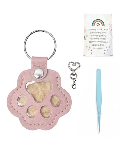 Cat & Dog Hair Keychain, Leather Dog Paw Hair Holder Fur Collection Key Chain Keepsake Pet Loss Memorial Gift - color: Pink