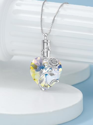OCJ Heart Rose Flower Urn Necklace for Ashes Women Birthstone Cremation Necklaces Sterling Silver Memorial Cremation Jewelry Gifts - color: 04-April-Diamond