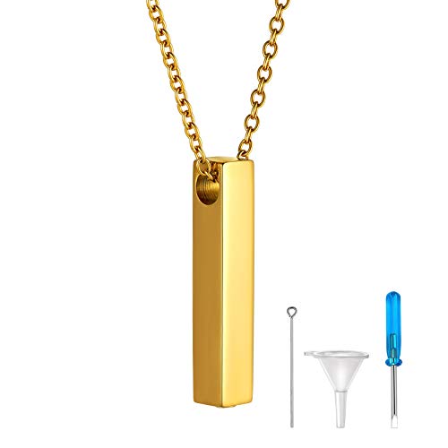 FindChic Personalized Urn Necklaces for Ashes Vertical Bar/Moon Cat/Sand Clock/Dog Claw Pendant Stainless Steel/18K Gold Plated/Black Waterproof Keepsake Cremation Jewelry with Funnel, with Gift Box - color: 1. vertical bar (gold)