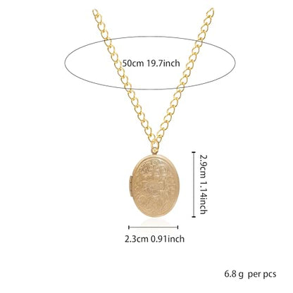 Vintage Engraved Flower Empaistic Photo Locket Hold Picture Oval Round Pendant Necklace Antique Carved Pattern Souvenir Memorial Clavicle Jewelry for Women