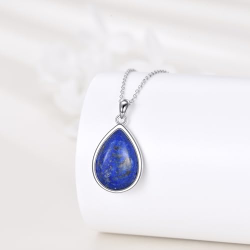 CRMAD Larimar/Opal/Lapis Lazuli/Tourmaline/Malachite/Labradorite/Turquoise/Onyx/Rose Quartz/Amber/Peridot Necklace for Women 925 Sterling Silver Teardrop Pendant Jewelry Gifts - color: lapis lazuli