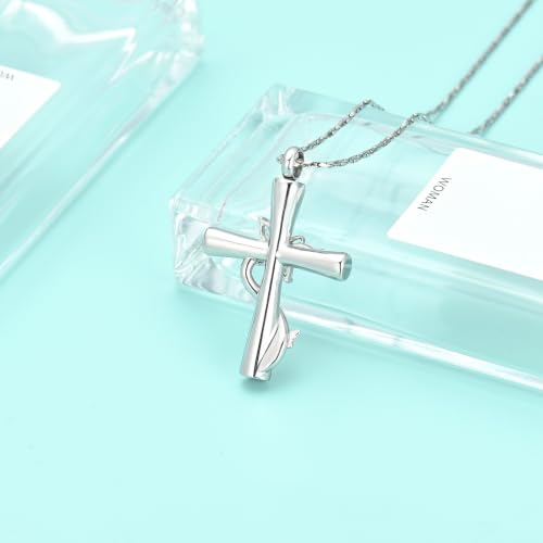 Butterfly Cross Urn Necklace for Ashes Birthstone Cremation Jewelry for Men Women Ashes Pendant Keepsake Memorial Ash Jewelry - color: Silver-White