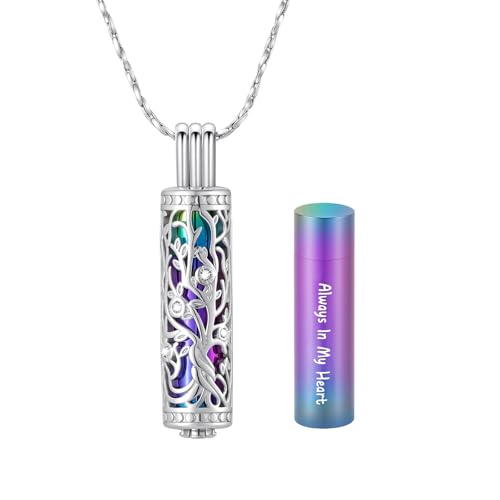 Cylinder Urn Necklace Crystal Tree of Life Cremation Jewelry Pendant for Women Men Vial Cremation Ash Pendant Loved One Memorial Jewelry with Mini Keepsake Urn Ash - Always In My Heart - color: Silver-Colorful-Always In My Heart