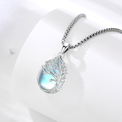 Sterling Silver Tree of Life Necklace for Women Oval Family Tree Necklace Abalone Shell Moonstone Pendant Mother Day Necklace for Mom Tree of Life Jewelry - style: Tree of Life-Moonstone-2