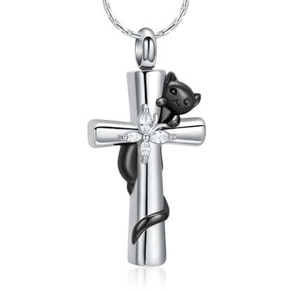 constantlife Cross Urn Necklace for Ashes Cat Butterfly Cremation Jewelry for Women Men Memorial Pendant Chain Human Pet Ashes Holder - color: Black