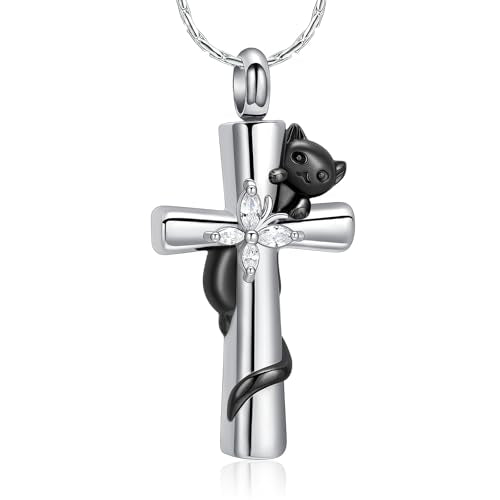 constantlife Cross Urn Necklace for Ashes Cat Butterfly Cremation Jewelry for Women Men Memorial Pendant Chain Human Pet Ashes Holder - color: Black