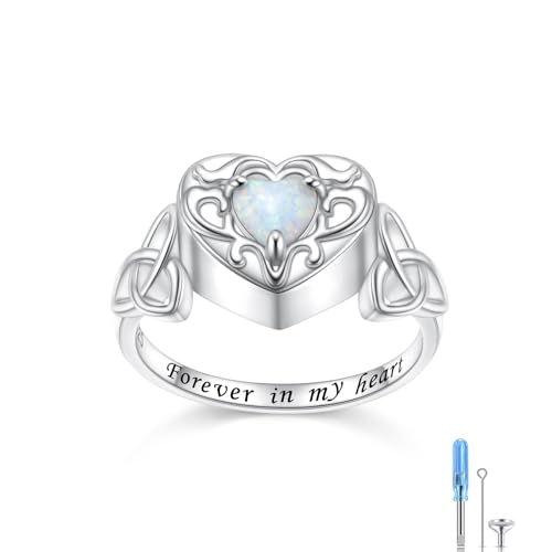 925 Sterling Silver Heart Opal Urn Ring for Ashes Celtic Knot Memorial Ring | Forever in My Heart, Cremation Keepsake Jewelry, Gift for Women