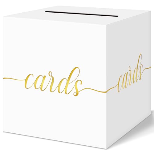 QIKSION Elegant Wedding Card Box, Gold Foil Gift Card Box for Party, White - color: White and Gold Foil